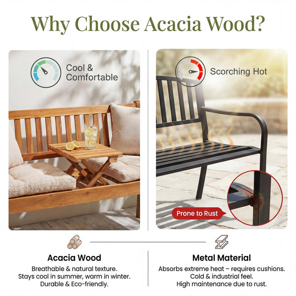 Acacia Wood Outdoor Bench with Pull-Out Center Table