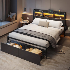 Platform Bed Frame with Storage Drawers, LED Lights & Charging Station