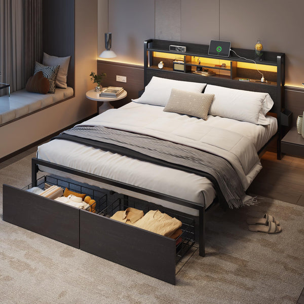 Platform Bed Frame with Storage Drawers, LED Lights & Charging Station