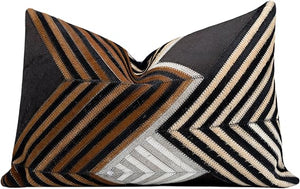 Genuine Cowhide Leather Patchwork Throw Pillow with Feather Down Insert