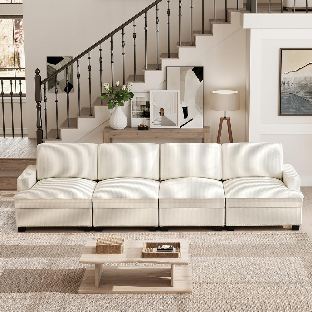 Oversized Modular Sectional Sofa – 4-Seat Corduroy Couch with Nailhead Trim & Storage Ottoman