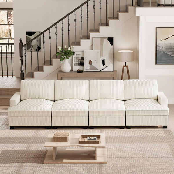Oversized Modular Sectional Sofa – 4-Seat Corduroy Couch with Nailhead Trim & Storage Ottoman