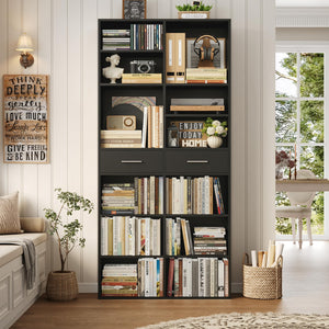 Tall Bookshelf with Drawers – 7-Tier Double Wide Bookcase