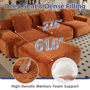 VK·LIVING 113" Cloud Sectional Couch, Deep Seat Boneless Sofa with Wide Armrests, Modular Plush Corduroy Memory Foam Couch for Living Room Office, No Assembly Needed, Orange