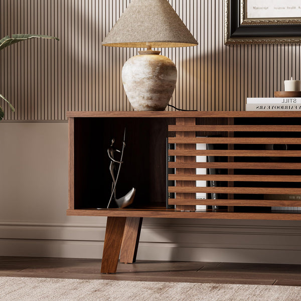 Furniway Mid Century Modern TV Stand for 50/55/60 inch TV, Entertainment Center with Storage & Sliding Door, Wood Media Console, TV Stand for Living Room, Bedroom, Walnut
