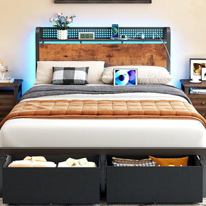 Queen Bed Frame with Storage Headboard, LED Lights & 2 Drawers