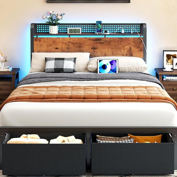 Queen Bed Frame with Storage Headboard, LED Lights & 2 Drawers