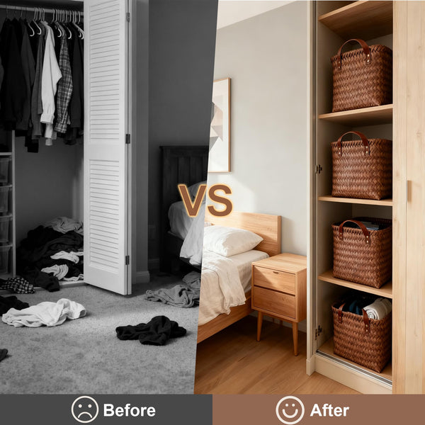Woven Storage Baskets with Leather Handle