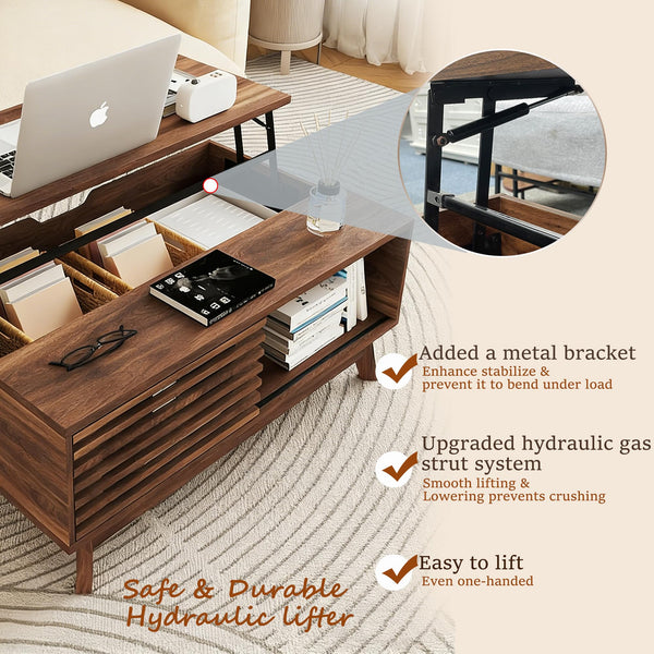 Lift Top Coffee Table with Storage & Sliding Door – Walnut Brown