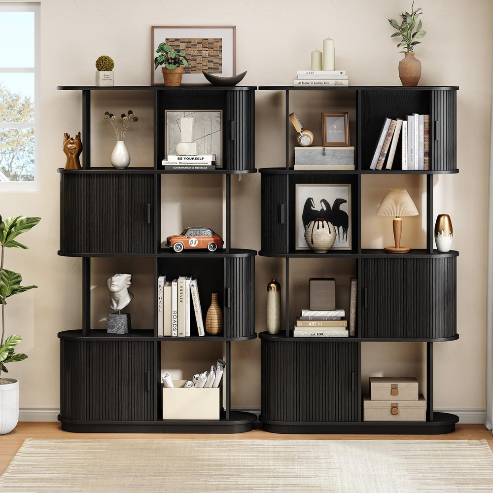4-Tier Bookshelf with Sliding Door – Mid-Century Modern Freestanding Bookcase