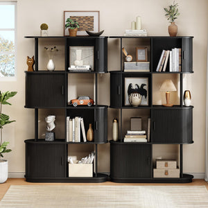 4-Tier Bookshelf with Sliding Door – Mid-Century Modern Freestanding Bookcase