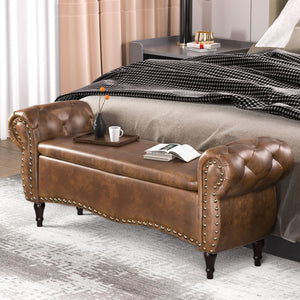 Upholstered Storage Ottoman Bench with Rolled Arms & Nailhead Trim