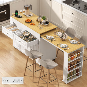 Extendable Kitchen Island Cart with Dining Table & Power Outlet