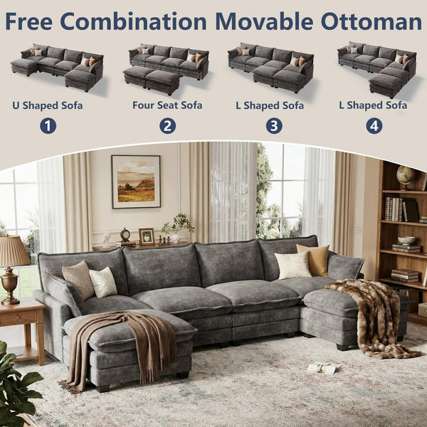 U-Shaped Modular Sectional Sofa with Movable Ottoman — Chenille Cloud Couch