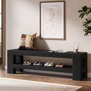 59" Entryway Bench with Storage Shelf, Rustic Brown