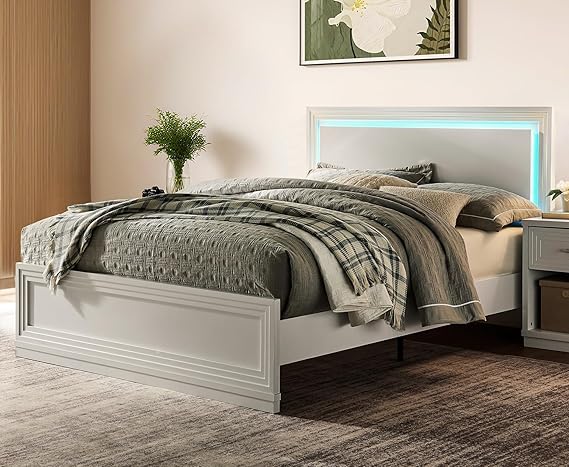 Queen Wood Bed Frame with Headboard, Footboard & RGB LED Light