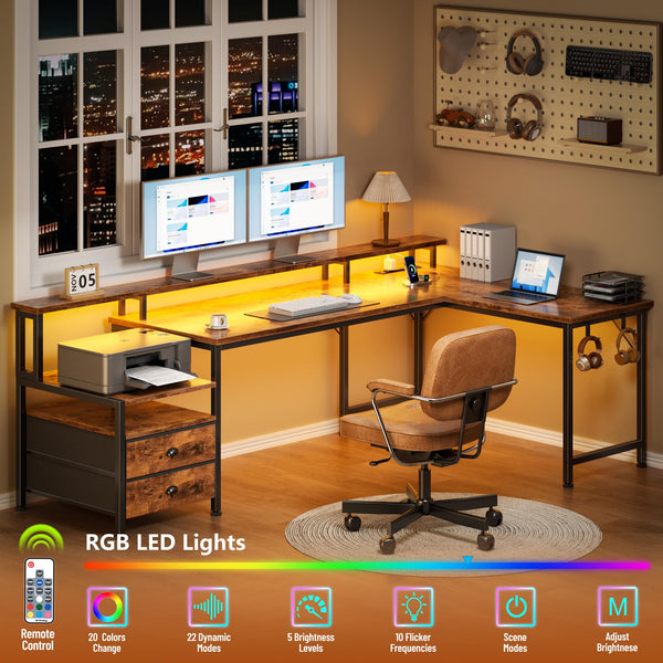 L-Shaped Computer Desk with Power Outlets, USB-C, Drawers & LED Lights – 65 Inch