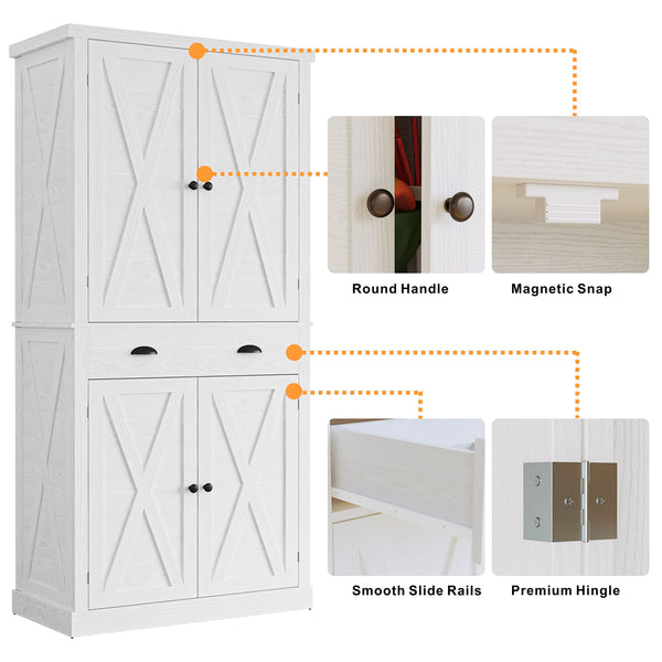 Kitchen Pantry Storage Cabinet with Barn Doors & Drawer — White, 72.6"H