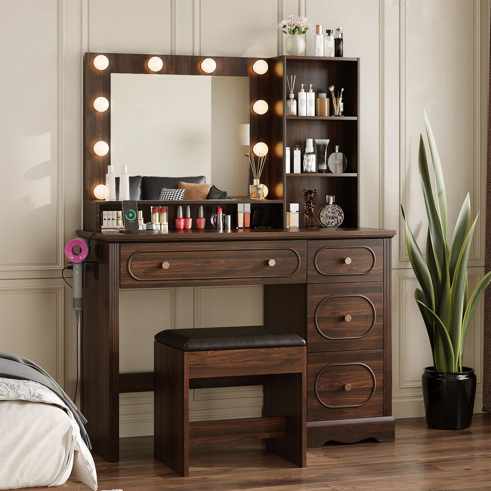 42" Walnut Brown Makeup Vanity Desk with Lighted Mirror & Charging Station