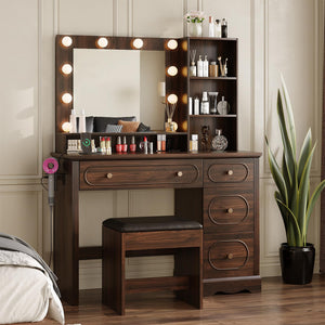 42" Walnut Brown Makeup Vanity Desk with Lighted Mirror & Charging Station