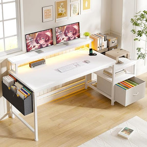 Computer Desk with Monitor Stand, File Drawers & Charging Station