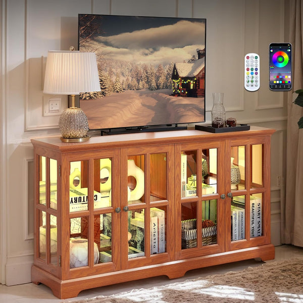 4-Door LED Glass Curio Cabinet with Adjustable Shelves