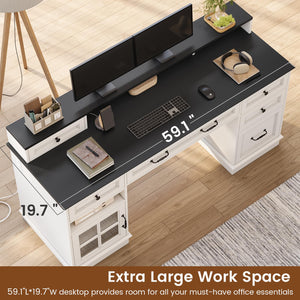 Farmhouse Executive Desk with Drawers, LED Lights & Power Outlet