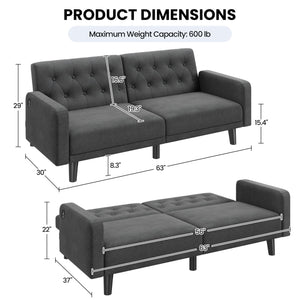 63" Convertible Futon Sofa Bed with USB Ports & Reclining Backrest
