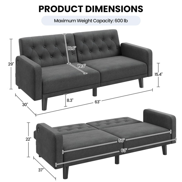 63" Convertible Futon Sofa Bed with USB Ports & Reclining Backrest