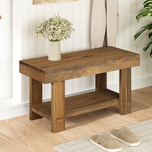 Solid Wood Entryway Bench with Storage Shelf
