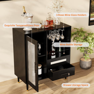 Wine Bar Cabinet with Tempered Glass Doors & Stemware Rack