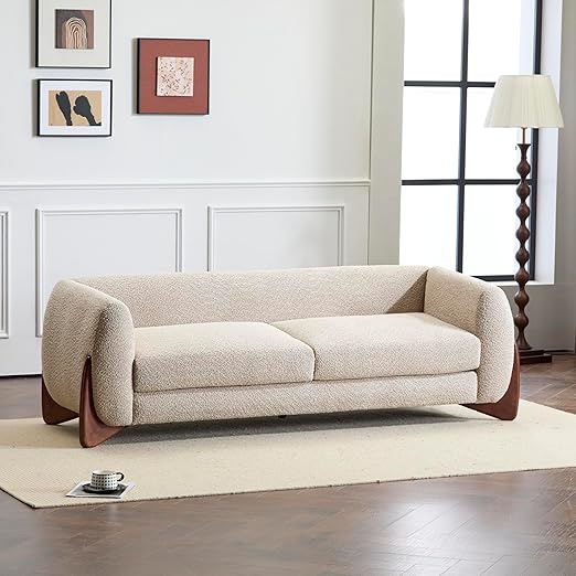 82" Boucle 3-Seater Sofa with Wood Legs