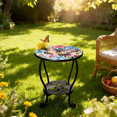Mosaic Round Side Table – Metal, Two-Tier, Indoor & Outdoor