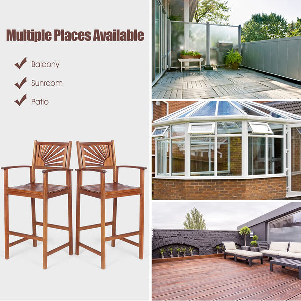 Outdoor Acacia Wood Bar Stools with Sunflower Backrest & Armrests