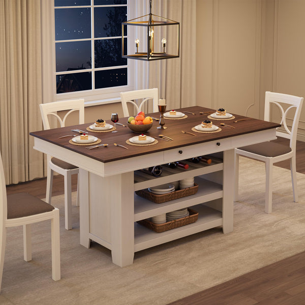 Farmhouse Counter Height Dining Table with Wine Rack & Storage
