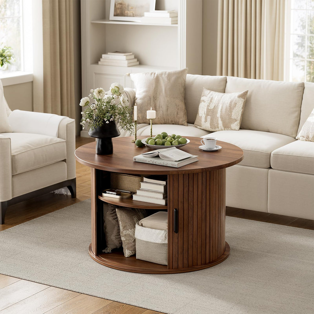 Round Lift Top Coffee Table with Hidden Storage & Fluted Sliding Door
