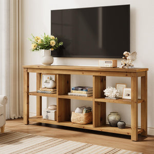 63-Inch Solid Wood Console Table with 6 Storage Cubes
