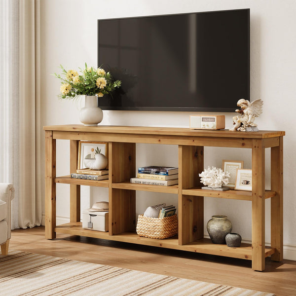 63-Inch Solid Wood Console Table with 6 Storage Cubes