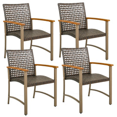 Outdoor PE Wicker Patio Dining Chairs Set of 4 with Acacia Wood Armrests