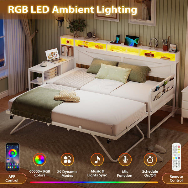 Twin Daybed with Pop-Up Trundle, Storage Drawers & LED Lights