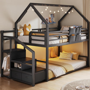 Twin Over Twin Metal Bunk Bed with Storage Staircase & LED Lighting
