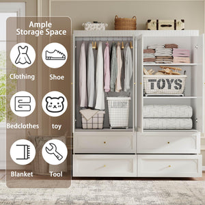 74" Large 4-Door Armoire Wardrobe with 4 Drawers – White