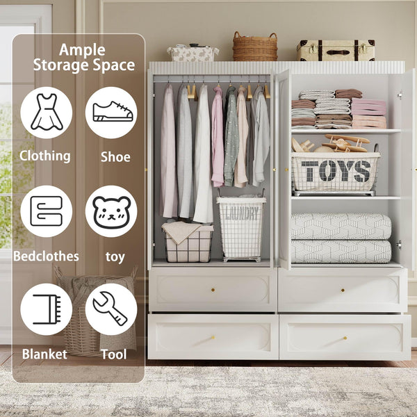 74" Large 4-Door Armoire Wardrobe with 4 Drawers – White