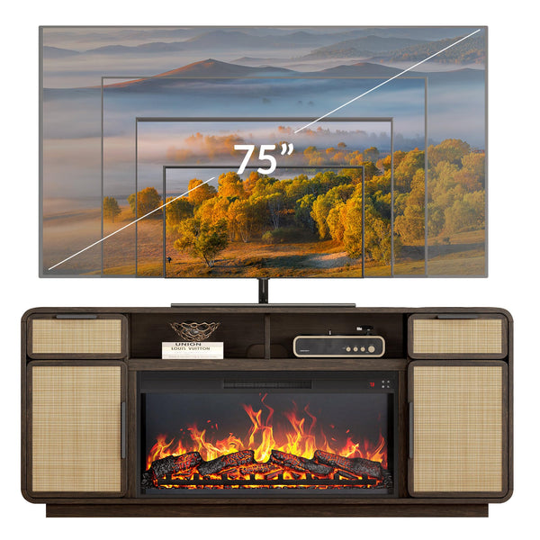 68" Fireplace TV Stand with Rattan Storage Cabinet