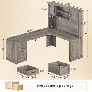 L-Shaped Executive Office Desk with Hutch, Drawers & Power Outlets – 68.9"