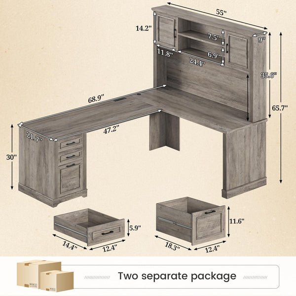 L-Shaped Executive Office Desk with Hutch, Drawers & Power Outlets – 68.9"