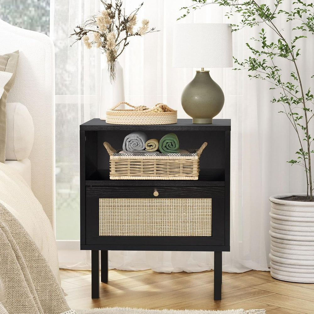 Boho Rattan Nightstand Set of 2 with Storage Cabinet & Metal Legs
