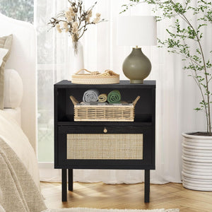 Boho Rattan Nightstand Set of 2 with Storage Cabinet & Metal Legs
