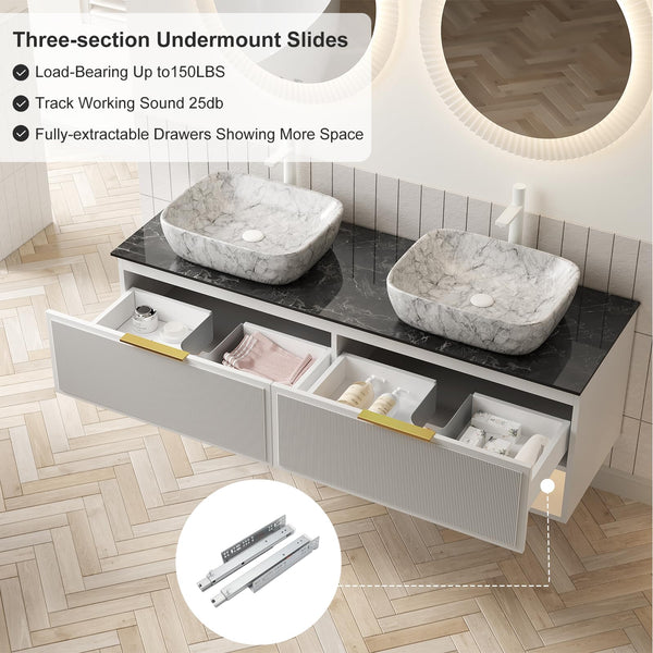 60" Floating Bathroom Vanity with Double Sink & Sintered Stone Top