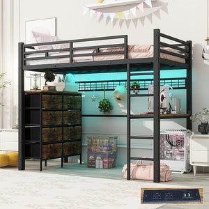 Twin Loft Bed with U-Shaped Desk, LED, Storage Drawers & Power Outlet